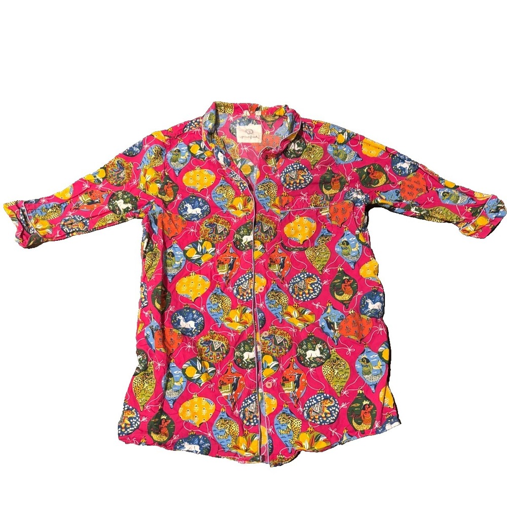 Print Fresh Pajama  Shirt Dress Medium multicolor Deck the hall Tiger elephant